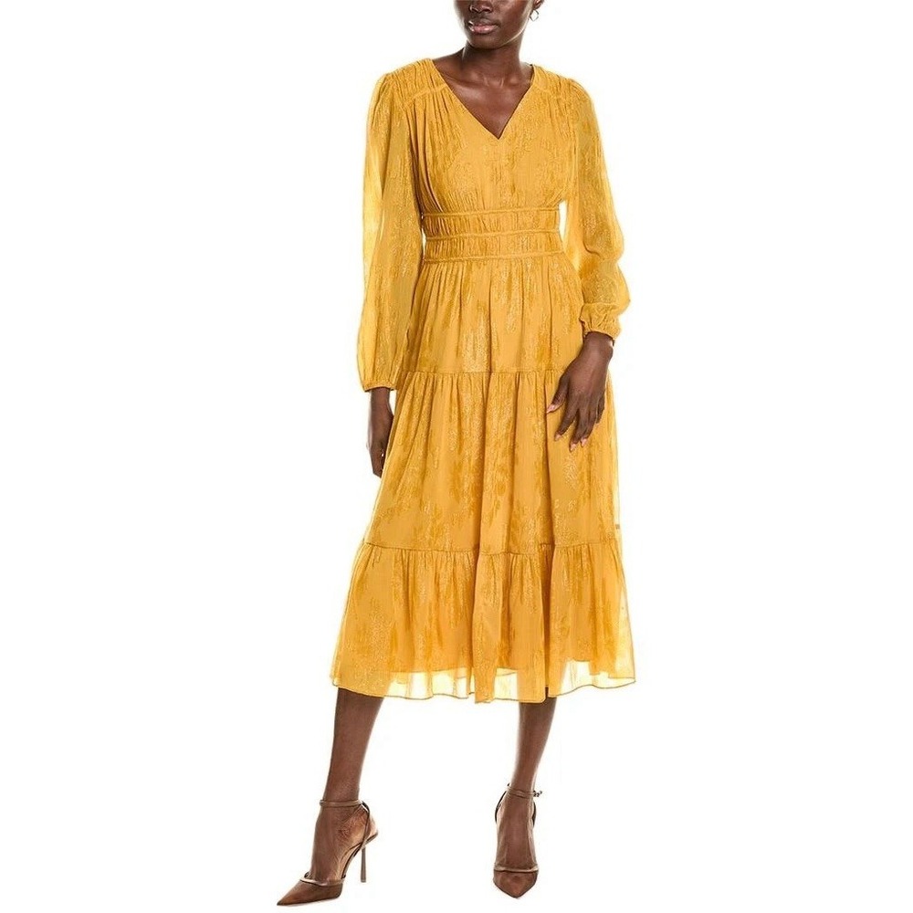 Nicole Miller Women's 4 V-Neck Empire Waist Tiered Midi Dress Yellow